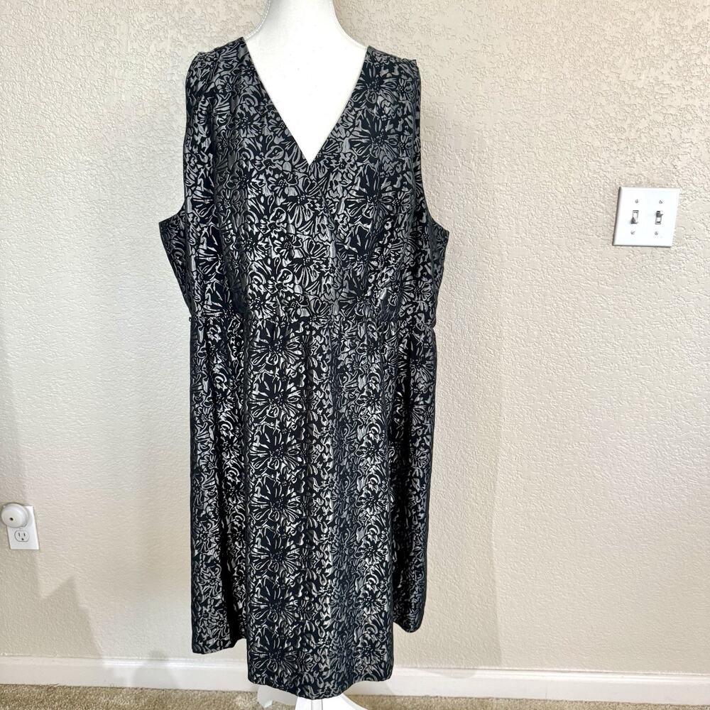 Lane Bryant Dress Womens Sz 26 Black Grey Metallic Floral Fit n Flare Party Dres